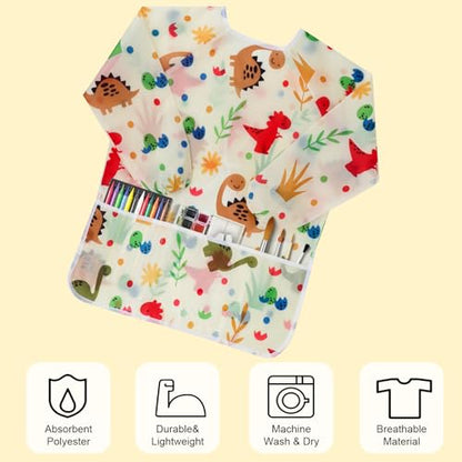 Kids Art Smocks Dinosaur Painting Aprons for Children Waterproof Artist Smock with Long Sleeve and 3 Pockets for Age 3-8 Years (Off white) - color: Off-white