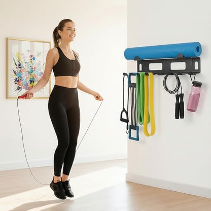 Gym Rack Organizer for Home Gym Storage, Wall Mounted, Multi-Purpose Home Gym Storage Rack for Resistance Bands, Yoga Mats, Jump Ropes,Weight Belts, Garage Workout Room Accessories,Black