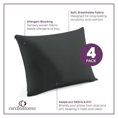 CirclesHome Pillow Protectors 4 Pack Queen Zippered - 100% Cotton Breathable Pillowcases - Protects Pillows from Dirt, Dust and Debris (Queen- Set of 4 - 20x30) - color: 4 - Dark Grey, size: Queen (20 x 30 inches) - Set of 4