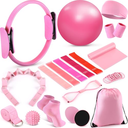 Poen 18 Pcs Home Pilates Kit for Women Pilates Ball and Ring Circle Set Yoga Fitness Essential with 5 Resistance Band Stretching Strap Non Slip Sock Ball Core Slider Wristband Headband Gym Bag - color: Pink