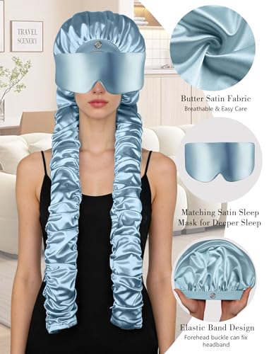 Satin Bonnet for Sleeping with Eye Mask，No Slip Sleep Bonnet with Long Curling Ribbons for Braids & Long Hair - color: Blue