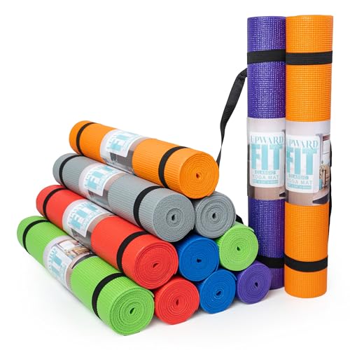 Bulk Yoga Mats, 12 Pack, With Strap, 68x24in, 4mm | Bulk Non Slip Exercise Mats for Workout, Stretching, Fitness - Wholesale Non Toxic Gym Mats for Home, Schools and Studios - color: Assorted