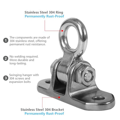 Stainless Steel Heavy Duty 180° Swing Hanger Kit - Ceiling Mount with Hook for Porch Swing, Hammock Chair, Yoga Swing, Punching Bag, 1000 LB Capacity, Rust-Resistant Hardware Included - size: 2 holes-1Pack