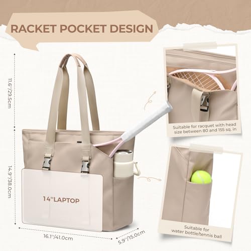 Tennis Tote Bag for Women with Yoga Mat Straps, Racket Holder Bags, 24L Lightweight Sports Bag with Wet Pocket - color: Apricot