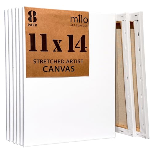 milo Stretched Artist Canvas, 11x14 inch, Value Pack of 8, Blank White | Primed & Ready-to-Paint Art Painting Supplies for Acrylic, Oil, Mixed Wet Media, & Pouring, 100% Cotton with Pine Wood Frame - size: 11" x 14"