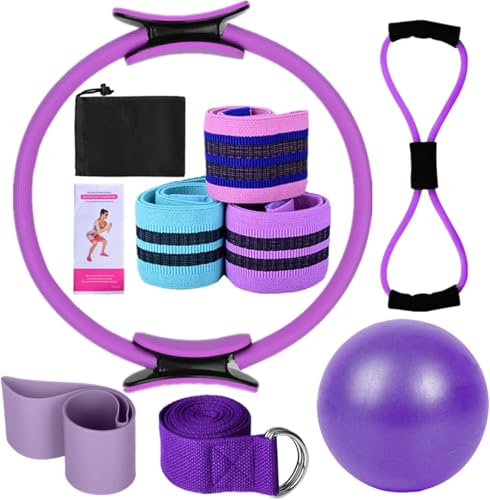 Pilates Ring Kit for Women Home Workouts Better Pilates Essentials Kits Equipments Sets Accessories Magic Ring Booty Bands Glutes Yoga Ball 25cm Figure 8 Resistance Yoga Bands for Stretching 8 Pcs - color: purple