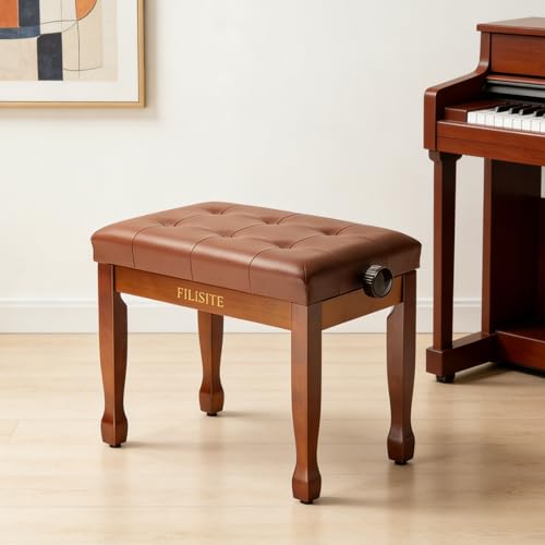 Adjustable Height Piano Bench, Wooden Piano Stool with Waterproof Padded Cushion, Bench Seat for Vanity, Bedroom, Living Room, Light Brown - color: Single-wood
