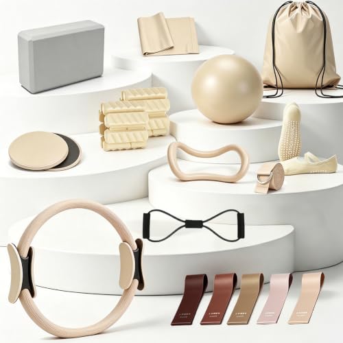 19 PCS Pilates Kit, Sand White/ Red Brown Pilates Sets with Yoga Block - color: sand white