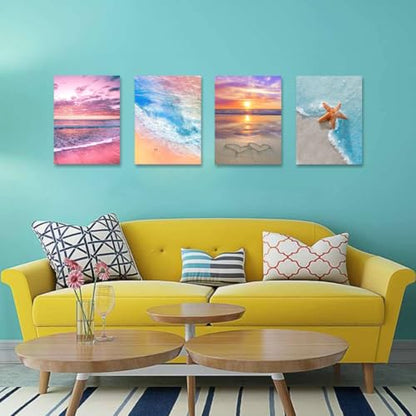 Muzagroo Art 4 Pcs Paint by Numbers Kits for Adults Framed Canvas with Wooden Easel DIY Beach Acrylic Oil Paintings Kits Paint by Numbers on Canvas Wall Art 8x12 inch (Beach) - color: Beach