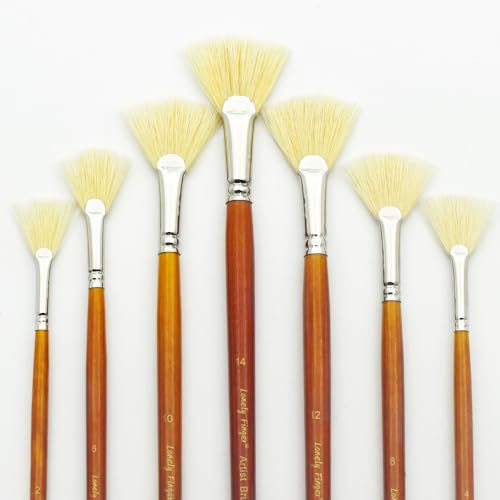 Artist Fan Paint Brushes Set, 7 Pieces White Hog Bristle Natural Hair Anti-Shedding Brush Tips and Long Wood Handle, Professional Artist Fan Brushes for Acrylic Oil Painting