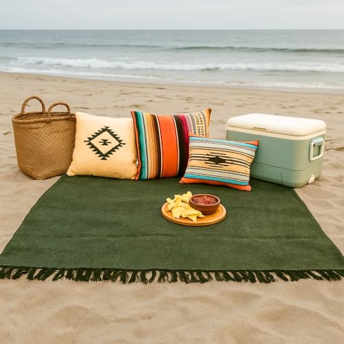 Open Road Goods Solid Color Mexican Yoga Blanket – Large Handwoven Throw for Yoga, Beach, Camping or Home – Soft and Durable Cotton Blend - color: Olive Green