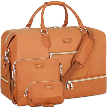 ITIEZY Weekender Bag for Women 21.5" Travel Duffel Large Carry On Bag 3PCS | Nylon Duffel Bag with Waterproof Shoe Compartment, Crossbody Bag and Toiletry Bag, Travel Weekend Hospital Overnight Gym Bag - color: 7-Brown