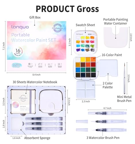 Mini Watercolor Paint Set, Compact Travel Paint Kit with 16 Colors | All in One Portable Kit with Sketchbook Brush Sponge, Small Pocket Watercolor Set for Beginner Artists-Classic Color Gift Set - color: CLASSIC COLORS