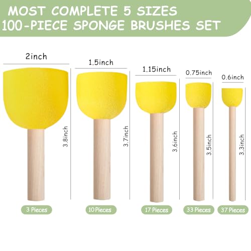 100 Pcs Round Paint Sponges Set, 5 Sizes Sponge Brushes for Painting, Sponge Paint Brushes for Acrylic Painting, Wooden Handle Craft Sponges for DIY, Crafts and Kids Arts - style: 100 Pcs Yellow