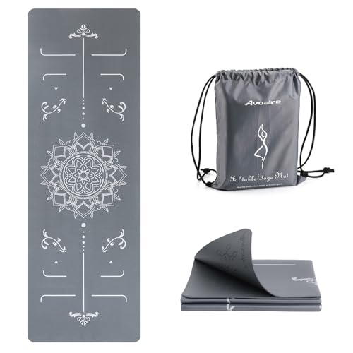 Avoalre Yoga Mat Foldable - Textured Non Slip Exercise Mat -Travel Lightweight Hot Yoga Mat with Carry Bag for Pilates & Home Workouts (72"L x 24"W x 3mm Thick), Gray