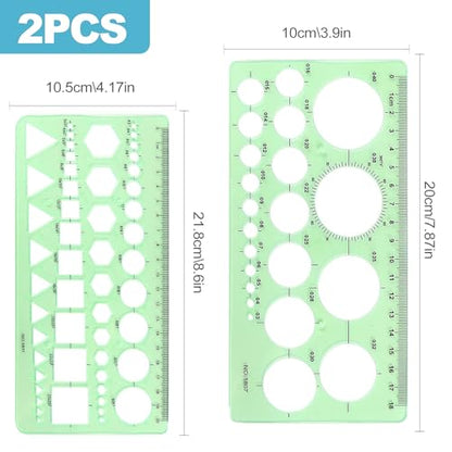 CoguZed 2 Pieces Clear Green Circle Template Set for Drawing & Drafting – Geometric Stencils & Rulers for Office, School, Architecture & Design with Zipper Bag