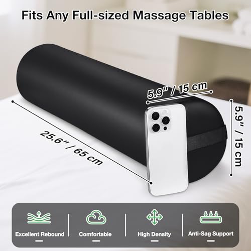 Full Round Bolster Pillow for Legs, 26 x 6 inch Bolster for Massage Table | PU Leather Under Knee Pillow with Strap Handle, Under Back Ankles Leg Pain Relief Massage Table Bolster for Yoga & Spa - color: 6" Full Round - Black