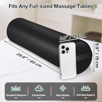 Full Round Bolster Pillow for Legs, 26 x 6 inch Bolster for Massage Table | PU Leather Under Knee Pillow with Strap Handle, Under Back Ankles Leg Pain Relief Massage Table Bolster for Yoga & Spa - color: 6" Full Round - Black
