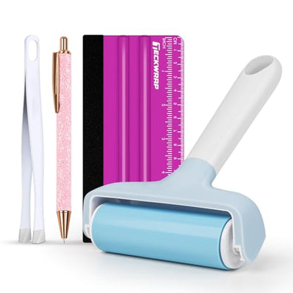 TECKWRAP Brayer Roller Set for Vinyl DIY Crafts & Relief Printing - 4 PCS | Printmaking Brayer, Pin Pen, Tweezers & Felt Squeegee for Iron-On Vinyl Stickers, Scrapbooking, Stamping, Card Making - color: Blue 4 set