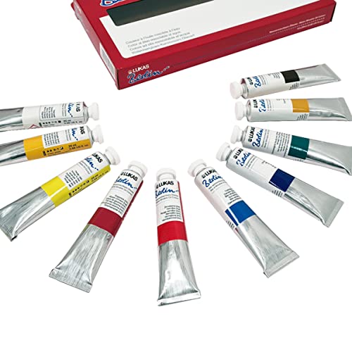 Lukas Berlin Pro Artists Water Mixable Oil Paint Set of 10 (20mL) Selection Set of 10-20 ml Tubes, Water Soluble, Lightfast Pigments, Quick Drying, Easy Clean-Up, Eco-Friendly, Professional Quality