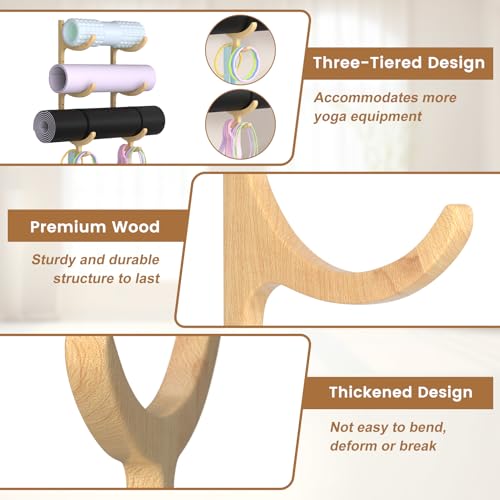 Wooden Yoga Mat Holder Wall Mount, Yoga Mat Storage Rack Organizer - color: Wood 3-tier