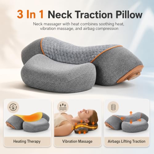 3-in-1 Rechargeable Neck Massager Pillow with Heat Therapy | Cervical Neck Support Pillow with Vibration Massage & Traction, Ergonomic Memory Foam Relaxation Pillow for Men Women