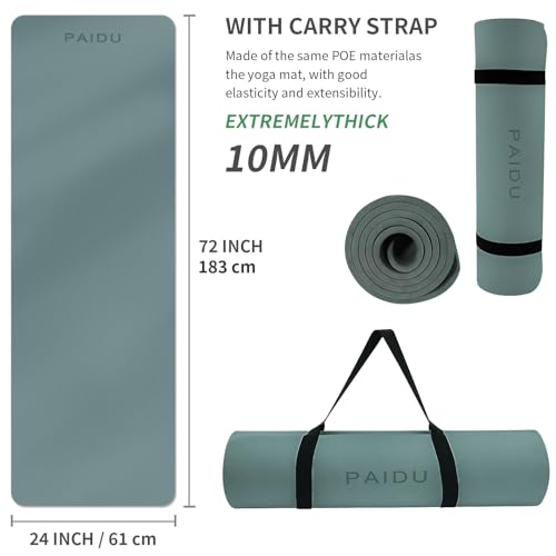 PAIDU POE Yoga Mat （10mm）Extra Thick Fitness Mat 72"x24" with Carry Strap | Non-slip, tear-resistant and suitable for all ages, perfect for yoga, Pilates, home gym and full-body workouts. - color: Deep green+Gray.