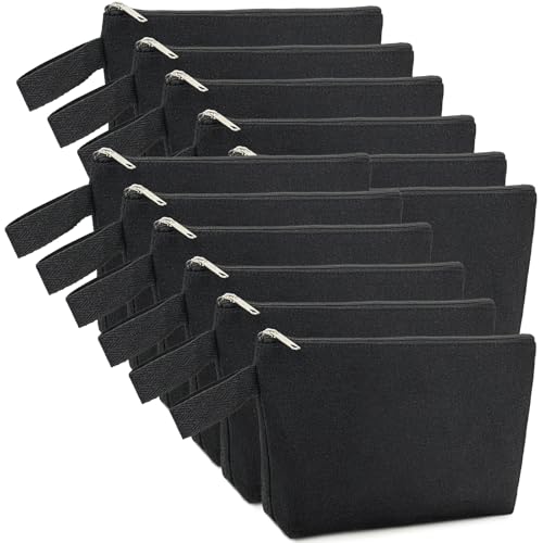 12PCS Bulk Large Canvas Pouch with Bottom, 12Oz Durable Canvas Zipper Pouches for Makeup Toiletries Purse Tool Bags, Blank Black for Artwork Embroider Ironning Paint (L, 12.2x7.4x 2.7'') - color: Black Black, size: L, 12.2x7.4x 2.7''