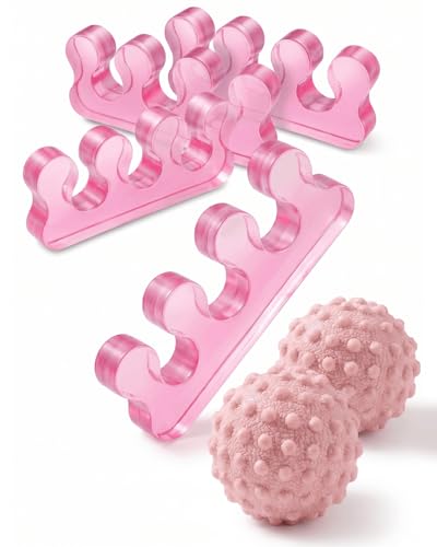 4-Piece Toe Spreaders and Foot Massage Ball Kit | 2 Pairs Gel Toe Stretchers & 2 Spiky Massage Balls for Bunion Relief, Plantar Fasciitis, Foot Pain(Pink) - color: Pink