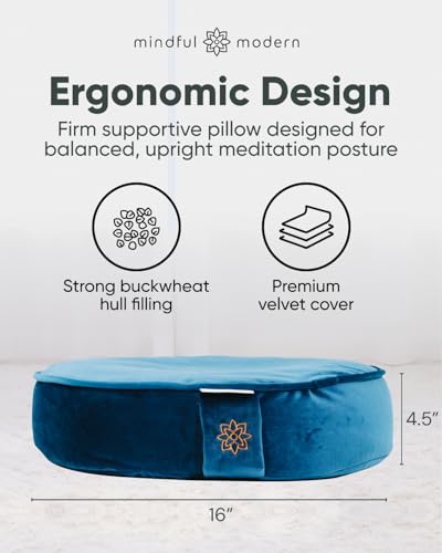 Mindful Modern Velvet Meditation Cushion | Luxe Zafu Yoga Floor Pillow Seat | Posture Support | Buckwheat Hull Filled | Large Round Cushion with Removable Washable Cover + Carry Handle - color: Royal Navy