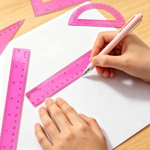 Plastic Clear Ruler Math Set - 6'' 12'' Transparent Straight Ruler, 4'' 6'' Protractor, 30/60 & 45/90 Triangle Ruler,Geometry Math Measuring Tool for School Home Office Drawing Teachers Kids Hot Pink - color: Hot Pink