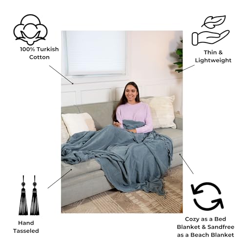 InfuseZen Large Stonewashed Organic Cotton Turkish Throw Blanket - Denim - color: Extra Large Denim (92" X 69")
