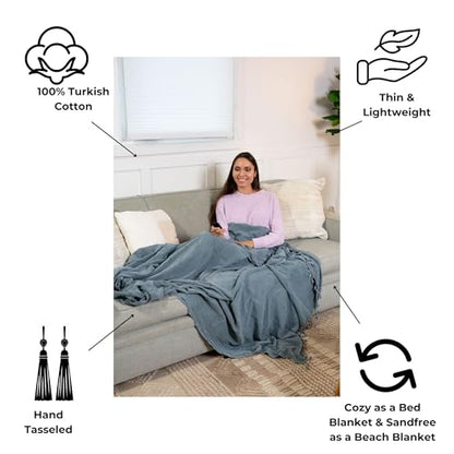 InfuseZen Large Stonewashed Organic Cotton Turkish Throw Blanket - Denim - color: Extra Large Denim (92" X 69")