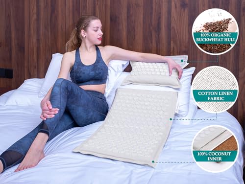 UNMERA Acupressure Mat and Pillow Set,Natural Linen & Coconut Fiber Filling | Back/Neck Pain Relief, Sciatic, Headache and Muscle Relaxation, Comes with Carrying Bag - color: Linen Grey