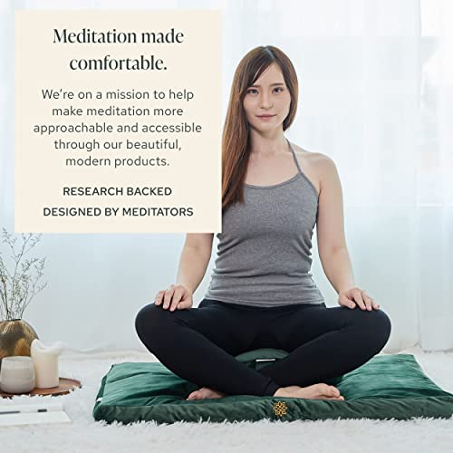Mindful & Modern Meditation Cushion and Zabuton Meditation Mat Bundle - Premium Luxury Velvet Meditation Cushion Set for Yoga - Buckwheat Zafu Floor Pillow and Rectangular Mat - Emerald Green Color