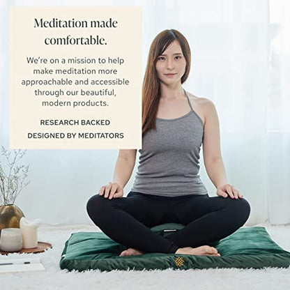 Mindful & Modern Meditation Cushion and Zabuton Meditation Mat Bundle - Premium Luxury Velvet Meditation Cushion Set for Yoga - Buckwheat Zafu Floor Pillow and Rectangular Mat - Emerald Green Color