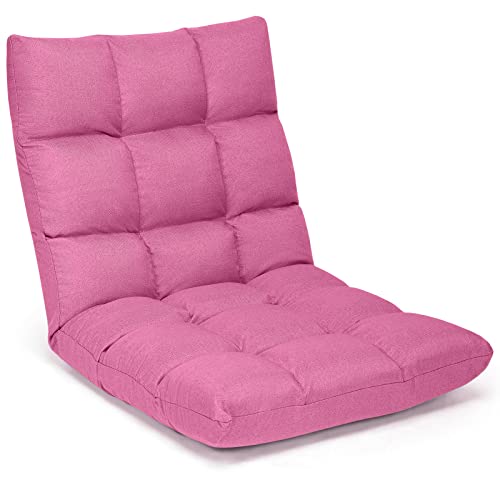 Giantex Adjustable Floor Gaming Sofa Chair 14-Position Cushioned Folding Lazy Recliner High Resilience Sponge, Breathable Cotton & Linen Fabric Sleeper Bed Couch Recliner (Pink) - color: Pink