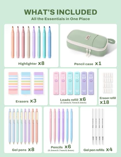 SUNEE Pencil Case with Supplies, 54PCS Aesthetic Stationery Set with 8 Pastel Highlighters, 8 Gel Pens Black Ink, 6 Mechanical Pencils, Back to School, College Essentials for Students, Green - color: Green, style: 54 Pack