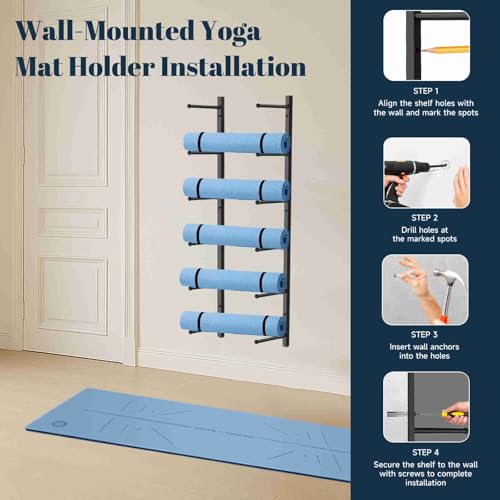 Yoga Mat Holder Wall Mount with 12 Straps, 6 Tier Metal Yoga Mat Storage Rack Home Gym Exercise Workout Equipment Organizer for Foam Roller Resistance Bands