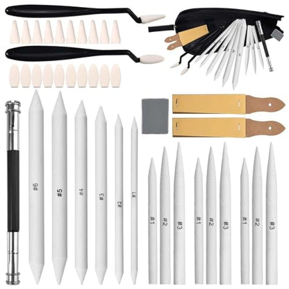GOLD DEER 40PCS Sketch Drawing Tools, 15 Blending Stumps Set, Pencil Extender, Eraser, 2 Sketch Wipe Scrapers, 2 Sandpaper Pencil Sharpeners & 20 Sponge Replacement Heads with Felt Bag