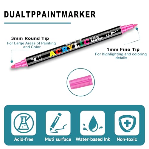 Dot & Fine Tip Acrylic Paint Marker 12 Colors Paint Pens for Arts | Dual-Tip Acrylic Paint Pens for Fabric, Rock, Glass, Wood, Arts & Crafts Gift, Classroom Must Haves & School Supplies