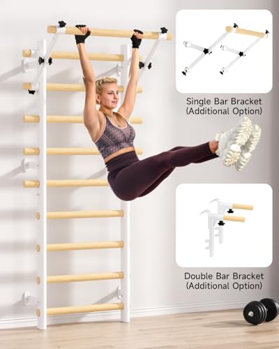 Cofiyard Swedish Ladder Wall Gym, Wooden Wall-Mounted Stall Bars with Pull-up Bar & Exercise Straps & Dip Bars, Stretching Ladder Full Body Home Gym Adults New - color: White