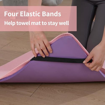 MICROFI New Microfiber Hot Yoga Towel Mat, 24 x 72 inches, with Non-Slip Silicone Grip, Secure Fit Elastic Straps - color: Pink