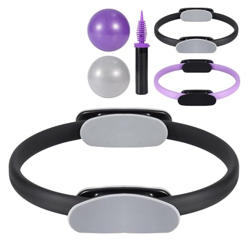 Tsikavo Pilates Ring, Pilates Ring Circle and Ball Set, 12 Inch Magic Circle Pilates Ring,9 Inch Small Exercise Ball,Resistance Bands Set, Home Pilates Equipment for Women - color: Black & Purple Ring Circle
