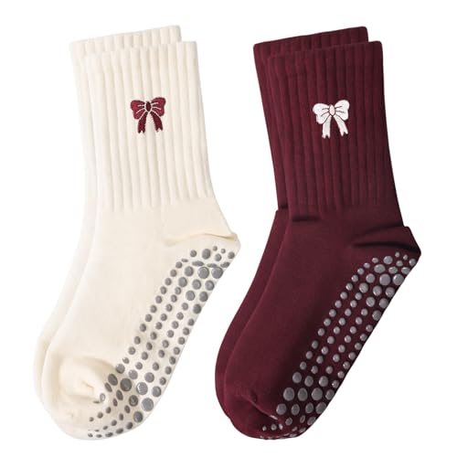 Women's Pilates Grip Socks, Ruffle Non Slip Bow Pattern Yoga Socks | Grippy, Frilly Trim, Embroidery, Crew Length, Soft Cotton, Arch Support, for Barre Ballet Dance Workout Hospital Home Gifts - color: A01- 2pairs