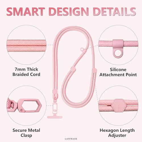 Adjustable Crossbody Phone Lanyard, Braided Cord with Tether Tab | Braided cord, Tether tab, Secure clasp, Accessory clip for hands-free crossbody use - color: Pink