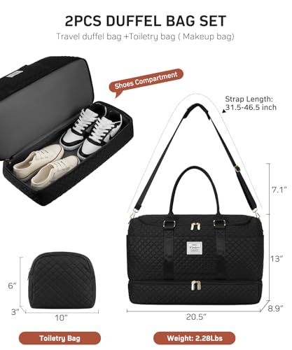WINDARS Travel Duffle Bag, Weekender Bags for Women with Shoe Compartment, Overnight Bag with Toiletry Bag, Carry On Duffel Bags For Airplanes, Yoga Gym Duffel Bag, Black - color: Black