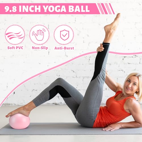 RoundFunny Pilates Ring Circle Set 18 Pcs Exercise Equipment Accessories for Women Workouts Pilates Ball Stretching Strap Magic Circle Yoga Ring Gym Back Bag Resistance Band Anti Slip Socks - color: Pink