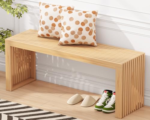 Bamboo Dining Bench, 35'' Slatted Design Entryway Bench, Natural | Modern Solid Bamboo Seating Bench for Indoor & Outdoor Use, Ideal for Kitchen, Hallway, Bedroom - color: Natural, size: 35in