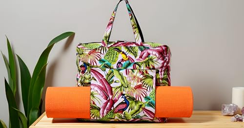 INDIAN CRAFT CASTLE Tote Bag with Yoga Mat Carrier Pocket Carryall Shoulder Bag for Office, Workout, Pilates, Travel, Beach and Gym - color: Pink & Green